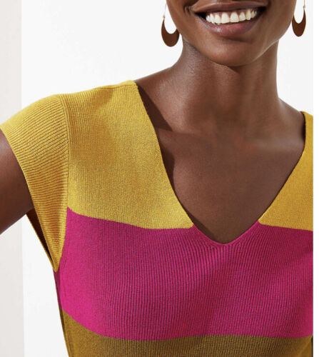 LOFT Light Colorblock Ribbed Cap Sleeve Sweater Top Size LARGE NEW - Picture 2 of 6