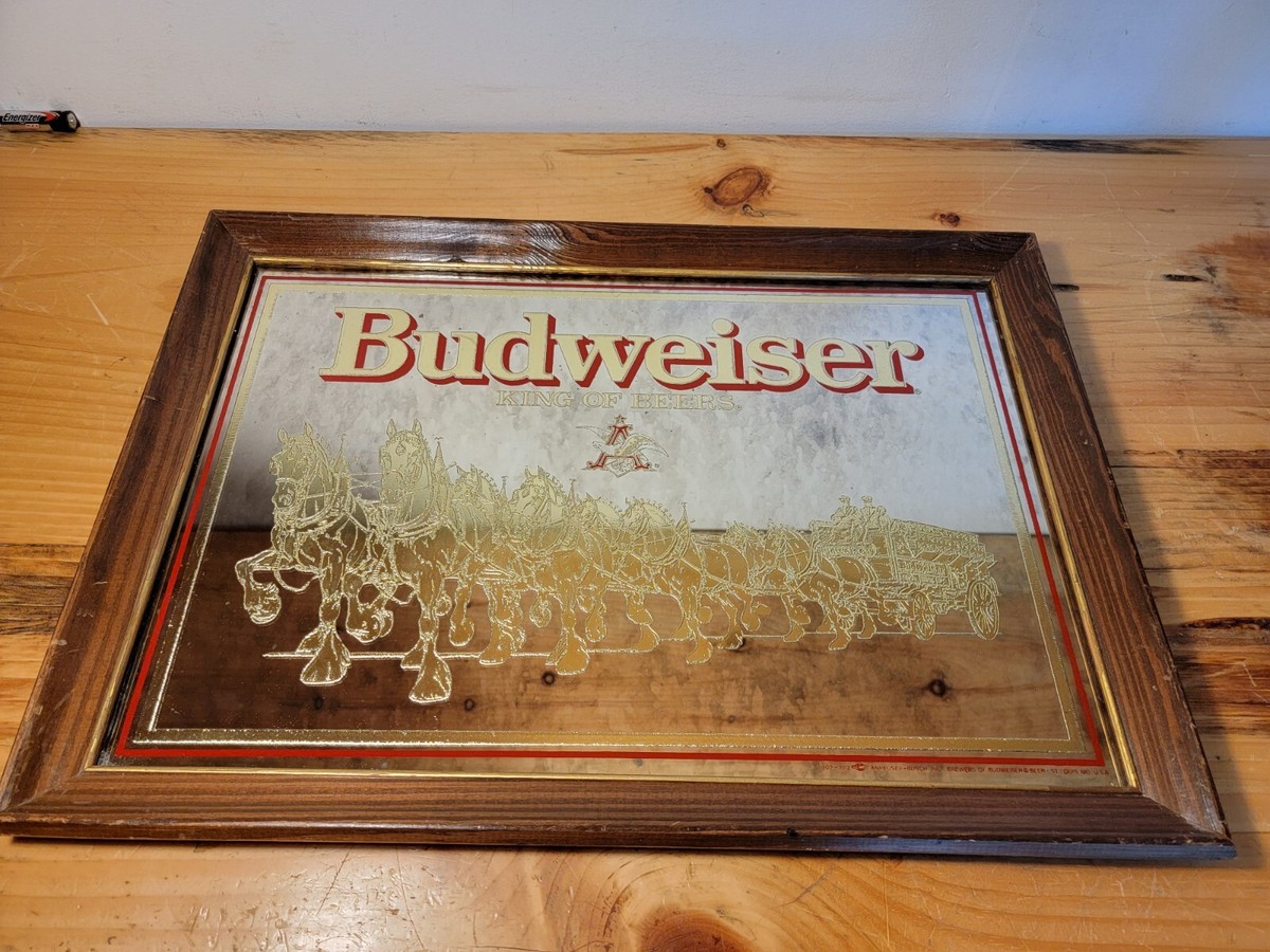 Vintage Budweiser King of Beers Clydesdale Glass Bar Mirror 20.5