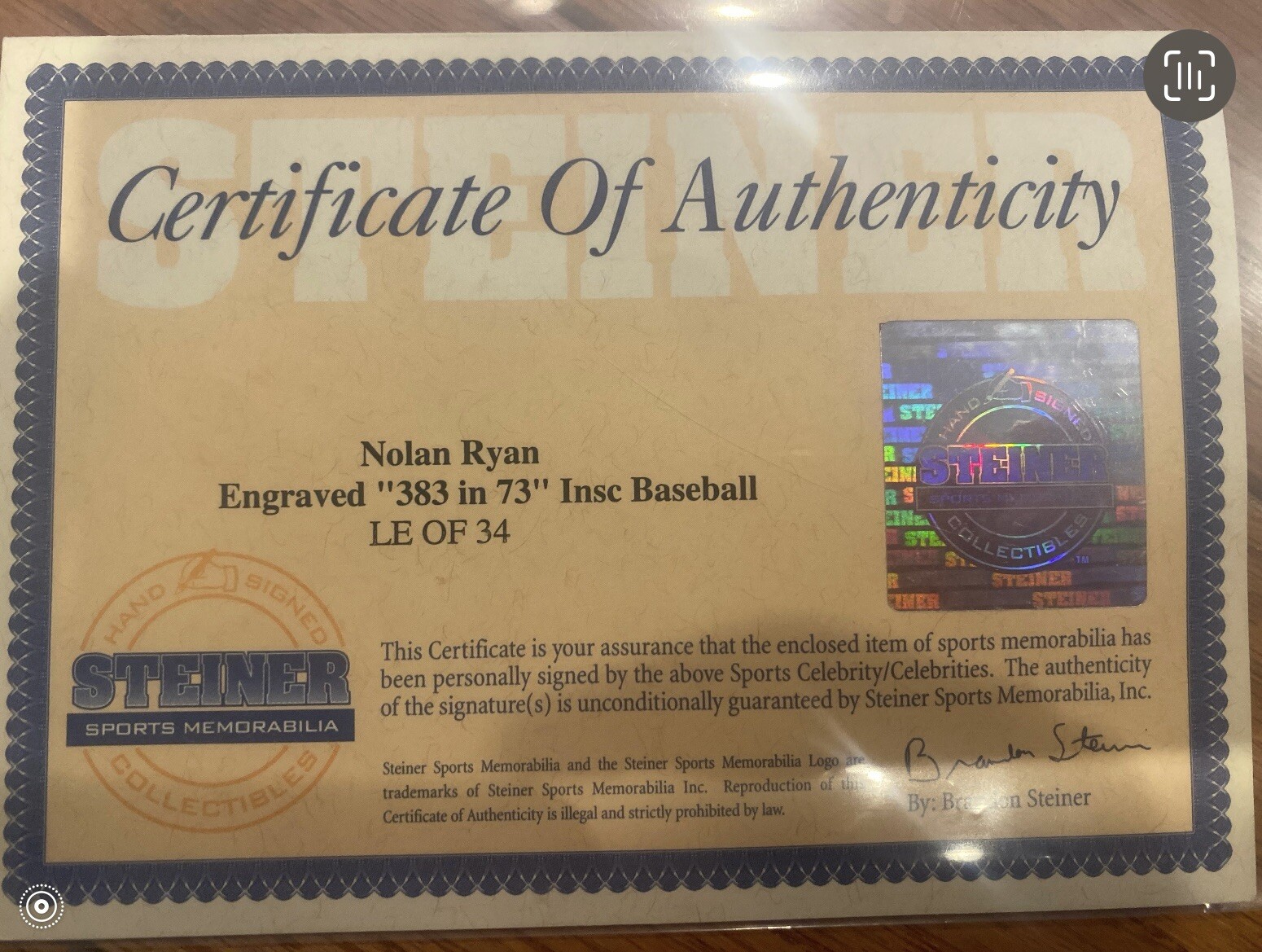 Nolan Ryan AUTOGRAPH “383 in 73” COA Steiner Sports HOF “MINT” BEAUTY AUTO /34 - Picture 2 of 2