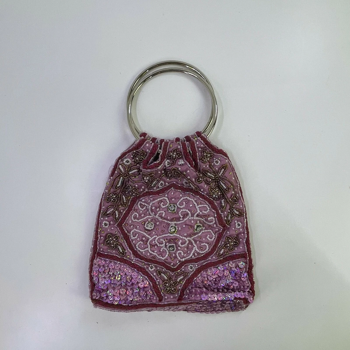 Vintage Shades of Pink Beaded Metal Ring Handle Handbag Purse Pouch