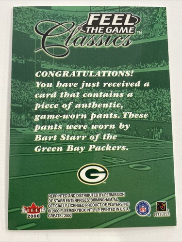 2000 Fleer Feel the Game Classics BART STARR Game Used Pants Jersey Packers HOF - Picture 7 of 7