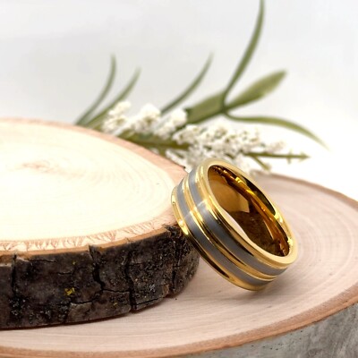 8mm Gold & Silver Tungsten Ring Two-Tone Striped Scratch-Resistant Modern Band