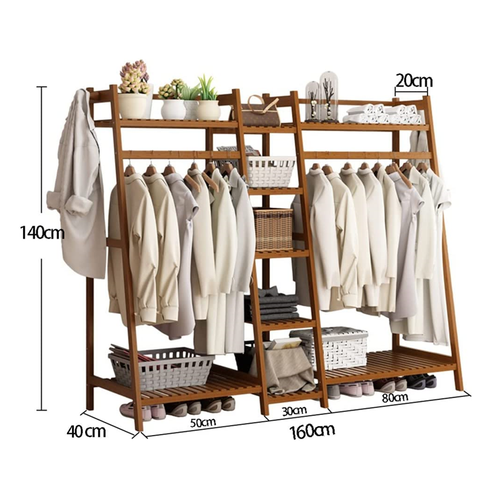 Kleiderschrank Kleiderstangen Kleiderständer Garderobenständer Bambus Schrank - Bild 15 von 23