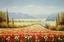 24x36 Tuscany Natural Beauty Of Red Yellow Flower Field Rolling Hills Oil