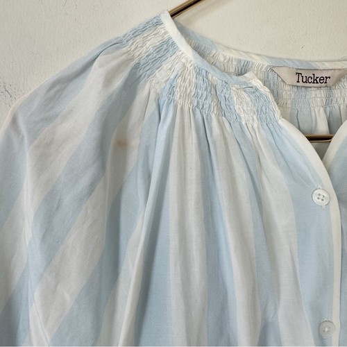 Tucker The Classic Blouse Baby Blue and White Striped Smocked Silk Shirt XS - Picture 2 of 8