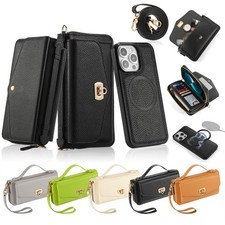 For iPhone 17 16 15 14 13 12 11 Detachable Zipper Wallet Crossbody Phone Case