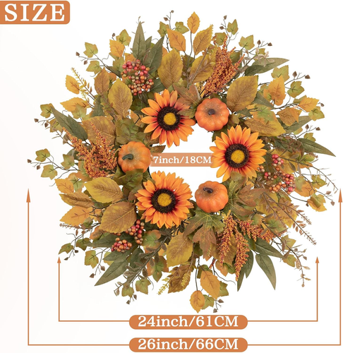 Herbstkränze für Haustür 24 Zoll Sonnenblumenkranz, künstliche Eukalyptuspumpe - Bild 5 von 12