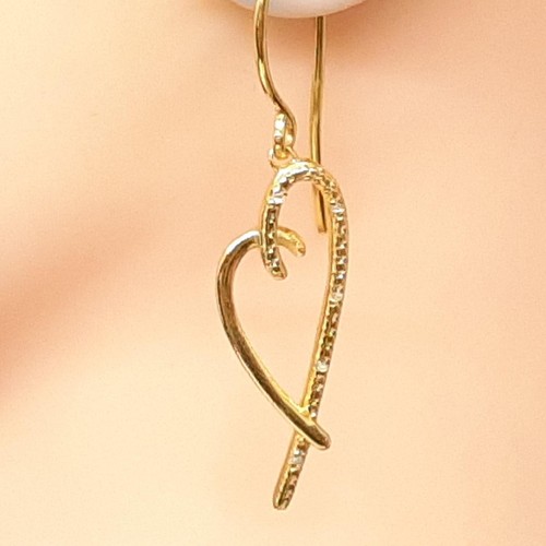 Genuine .11ctw Diamond 14K Yellow Gold 925 Silver Dangle Heart Earrings - Picture 2 of 4