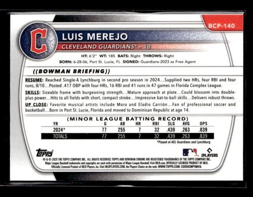 2025 Bowman #BCP-140 Luis Merejo Chrome Prospects Reptilian Refractor Guardians - Picture 2 of 2