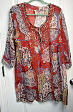 Raga Women's Sheer Lightweight Tunic Top Size Large Bohemian Gypsy Tasseled Red