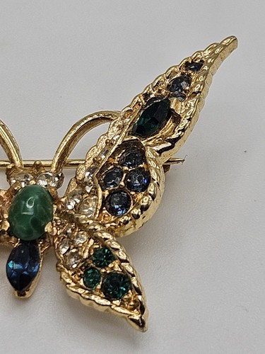 Vintage Marcel Boucher ? Jade Glass Cabochon Blue Crystal Butterfly Brooch - Picture 3 of 10