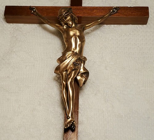 Crocifisso INRI 15" legno e ottone croce Gesù cattolico cristiano religioso vintage - Foto 4 di 11