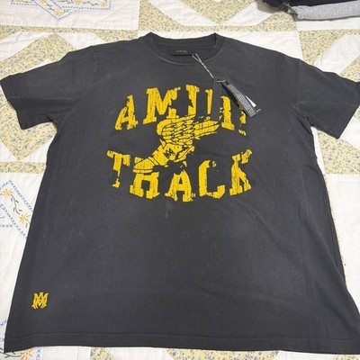 Authentic Amiri Faded Black & Yellow Track Logo T-Shirt Size Large NWT