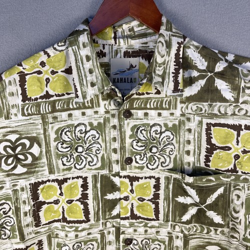 Camicia hawaiana Kahala uomo grande verde stampa blocco legno cotone made in Hawaii - Foto 2 di 6