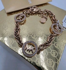 NEW $135 Michael Kors Rose Gold Crystal Fulton Chain Logo Bracelet MKJ4731791
