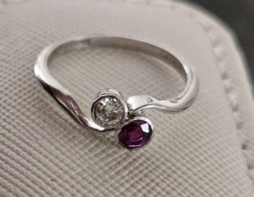 Platin kein 18kt oder 9kt Weißgold Rubin Diamant Ring Art Deco 20er Jahre toi et moi - Bild 4 von 18