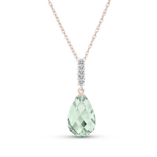14K 22" Rose Gold Briolette Green Amethyst and Genuine Diamonds Drop Pendant Nec - Picture 6 of 12