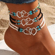 3Pcs Women Bohemia  Double-Layer Beaded Heart Charms Multi-layer Anklet Bracelet