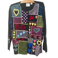 Michael Simon Heart Cardigan Black Colorful Rainbow Art to Wear Valentine- Large