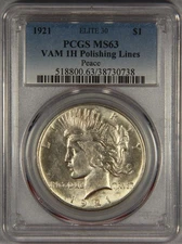 1921 Peace Silver Dollar Elite 30 PCGS MS63 VAM 1H Polishing Lines $1