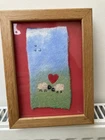 Needle Felted Picture Handmade 2 Sheep & Heart In Frame