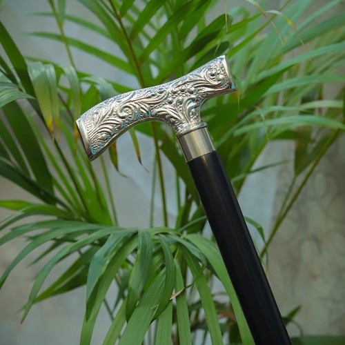 Engraved Silver Handle Walking Cane Black Wooden Vintage Style Support Stick - Picture 2 of 7