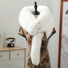 Women's Real Whole Pelt White Fox Fur Shawl Long Scarf Cape Wrap Fur Collar