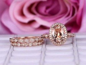 3Ct Oval Cut Morganite Trio Engagement Wedding Ring Solid 14K Rose Gold Finish
