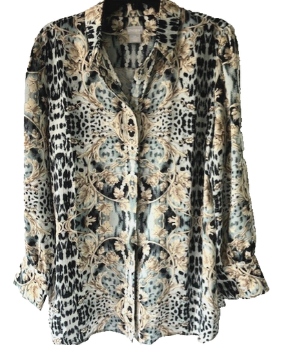 Chico's blau schwarz Animal Print Bluse bedeckt Knopf GR. 2P 12/14 L Petite