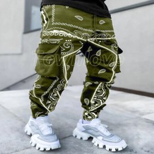 Mens Streets Print Baggy Pockets Cargo Trousers Casual Loose Harem Pants Hip Hop