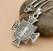 New St Saint Benedict Nursia Cross Medal Pendant Necklace Steel Italy