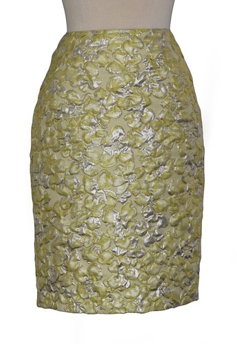St John Knits 3D Floral Jacquard Pencil Skirt Yellow Silver Sz 2 NWOT