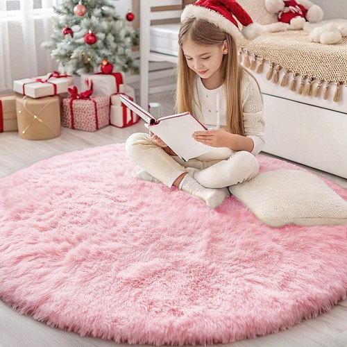 OLANLY Pink Round Rugs for Bedroom - Machine Washable 4x4 Feet Circle Area Ru...