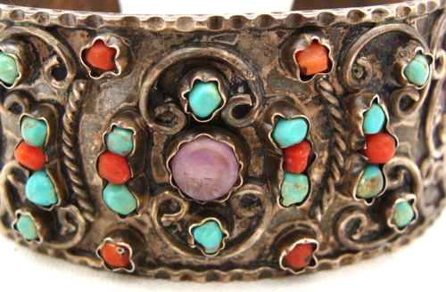 Brazalete pequeño Taxco México TS-39 plata esterlina turquesa coral amatista - Imagen 2 de 9