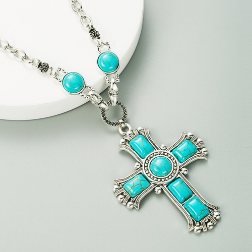 Large & Unique Tibetan Silver Cross Turquoise Stone Necklace on 16" Chain - Picture 4 of 6