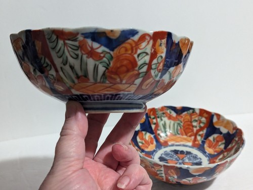2 - antike japanische Porzellan 6" Schalen Imari verziert gewellter Rand sehr guter Zustand - Bild 8 von 13