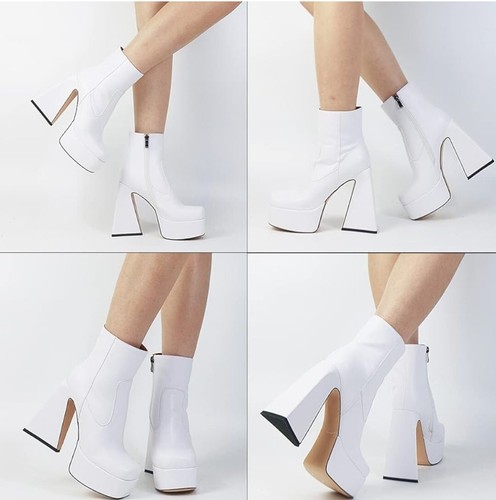 White Platform Boots, Size 9 Platform Ankle MUCCCUTE Square Toe Side Zipper - Picture 8 of 9
