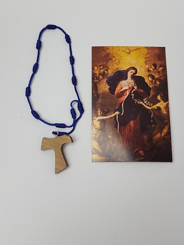 Mary Untier of Knots Una Década Rosario Cruz TAU con Tarjeta de Oración Cordón Azul - Imagen 7 de 11