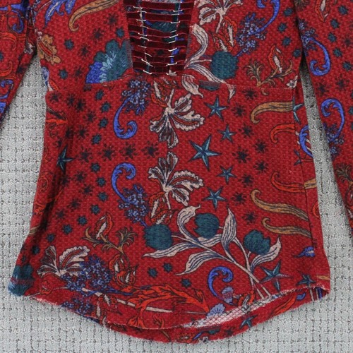 William Rast Blouse Top Womens Medium M Red Long Sleeve V Neck Floral Pattern - Picture 3 of 8