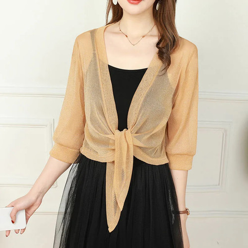 Damen Netz Cardigan Bolero Shrug Cropped Top Glitzer durchsichtig vorne offen Schal schick - Bild 19 von 35