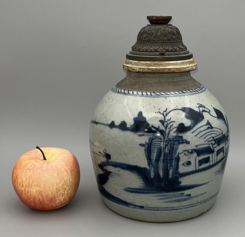 Antique Chinese Ginger Jar Landscape with Metal Top 17cm wide Blue and White