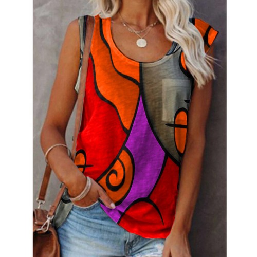 Women's casual sleeveless head color matching T-Shirt Large loose vest top - Imagen 39 de 47