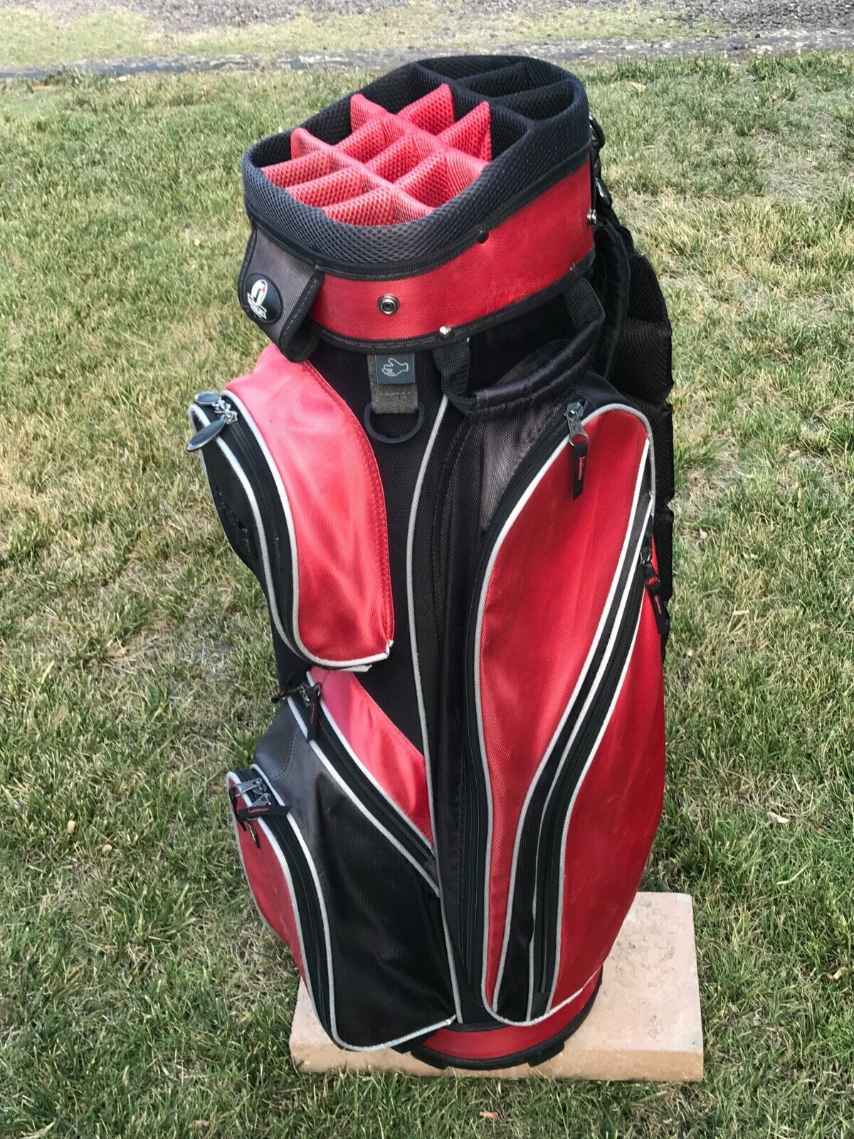 R J Golf Custom Golf Bag Cart Red/Black 14-Way Dividers Single Strap Men's EUC!!