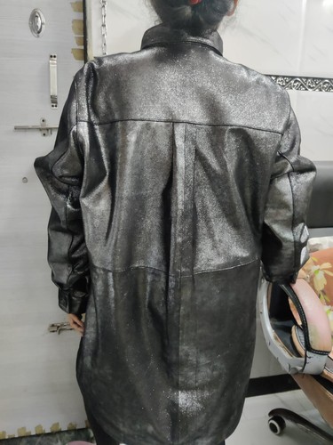 Women's Glitter Black Lambskin Leather Long Shirt, Part & Ocassion Wear Jacket - Picture 14 of 20