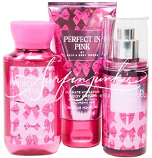 Bath & Body Works Perfect In Pink Mini Spray Mist Body Cream Shower Gel Wash 3pc