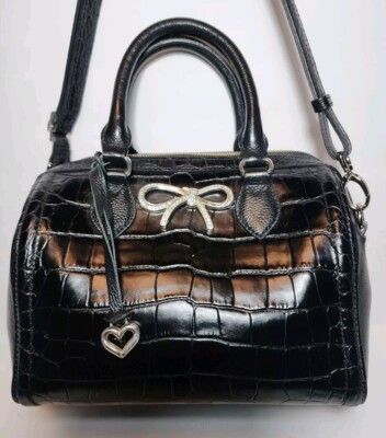 BRIGHTON BEAU GESTE SATCHEL BLACK MOCK CROCO SILVER JEWELED BOW CROSSBODY RP$455