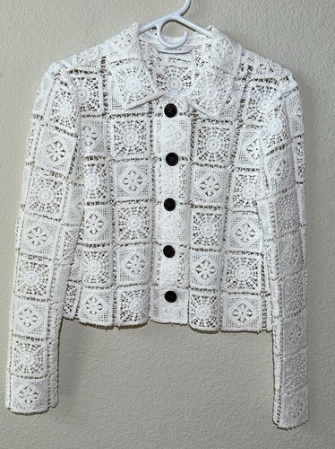 Rebecca Taylor Crop Crochet Patch Blazer Jacket size S Small White Button Up - Picture 8 of 11