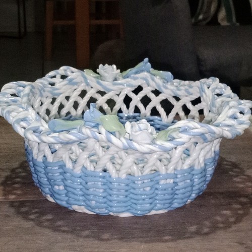 Blue Ceramic Woven Braided Basket Rose Decoration 20cm Diametre