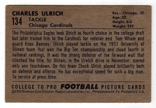 CHARLES ULRICH 1952 BOWMAN SMALL #134 FOOTBALL CARD CHICAGO CARDINALS - Picture 2 of 2