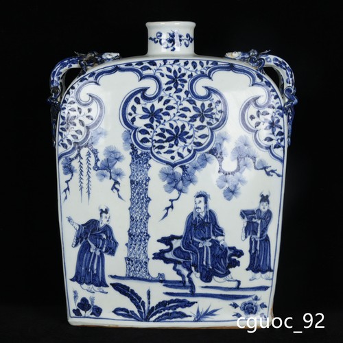 Jarrón de cuatro orejas 14,9" histórico dinastía yuan porcelana azul blanco personaje historia - Imagen 3 de 9